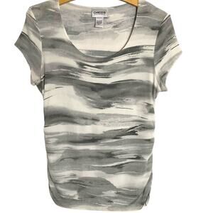 Chico's Top Womens Size 1 Travelers French Silver Abstract Cinched Ruched Sides